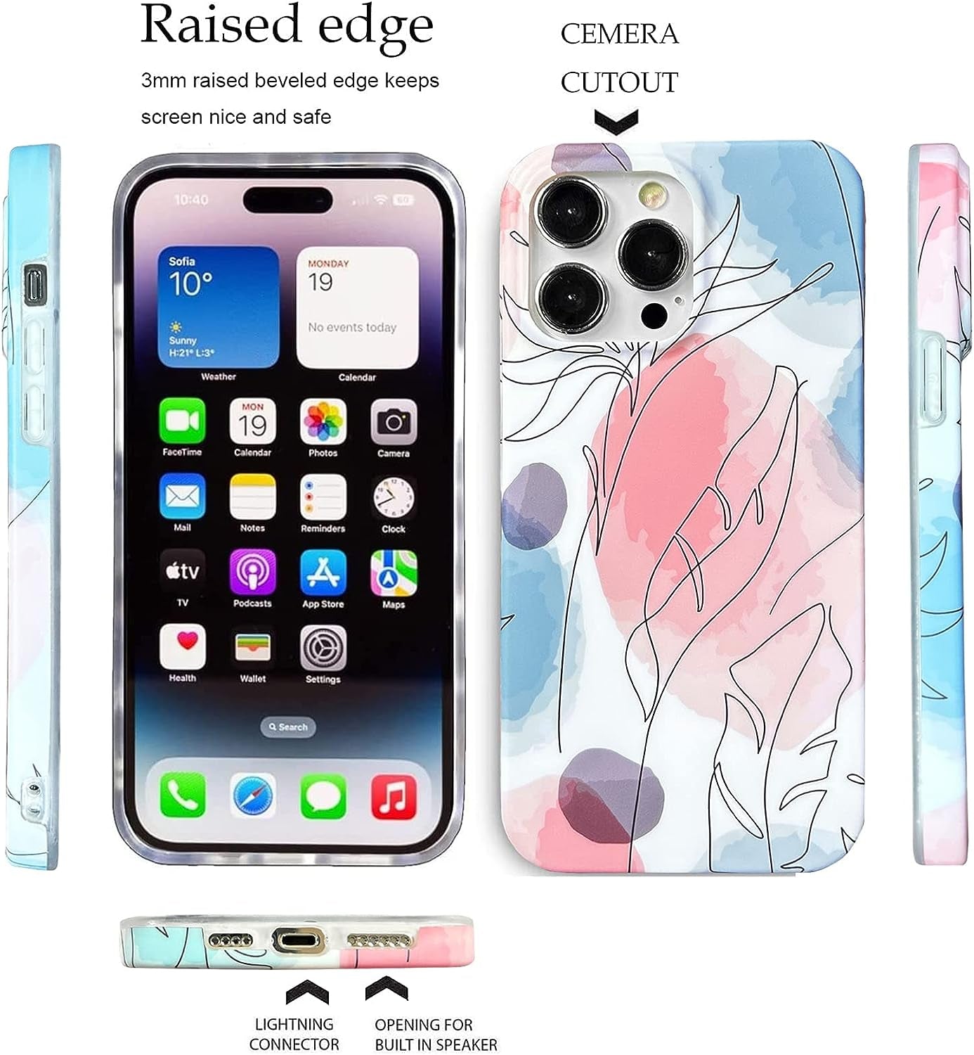J.West Iphone 14 Pro Case 6.1, Aesthetic Watercolor Minimalist Boho Modern Abstract Prints Slim Geo Line Plant Palm Leaf Pattern Blue Pink Soft TPU Shockproof Cover Protective Phone Case for Women  J.west   
