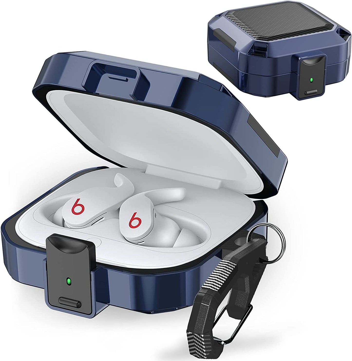 Secure Lock Case for Beats Fit Pro 2021, Carbon Fiber Texture Beats Fit Pro Earbuds Case Cover with Anti-Lost Keychain/Storage Box/Cleaning Brush/Wrist Strap. (White)  Mooyavia Blue  