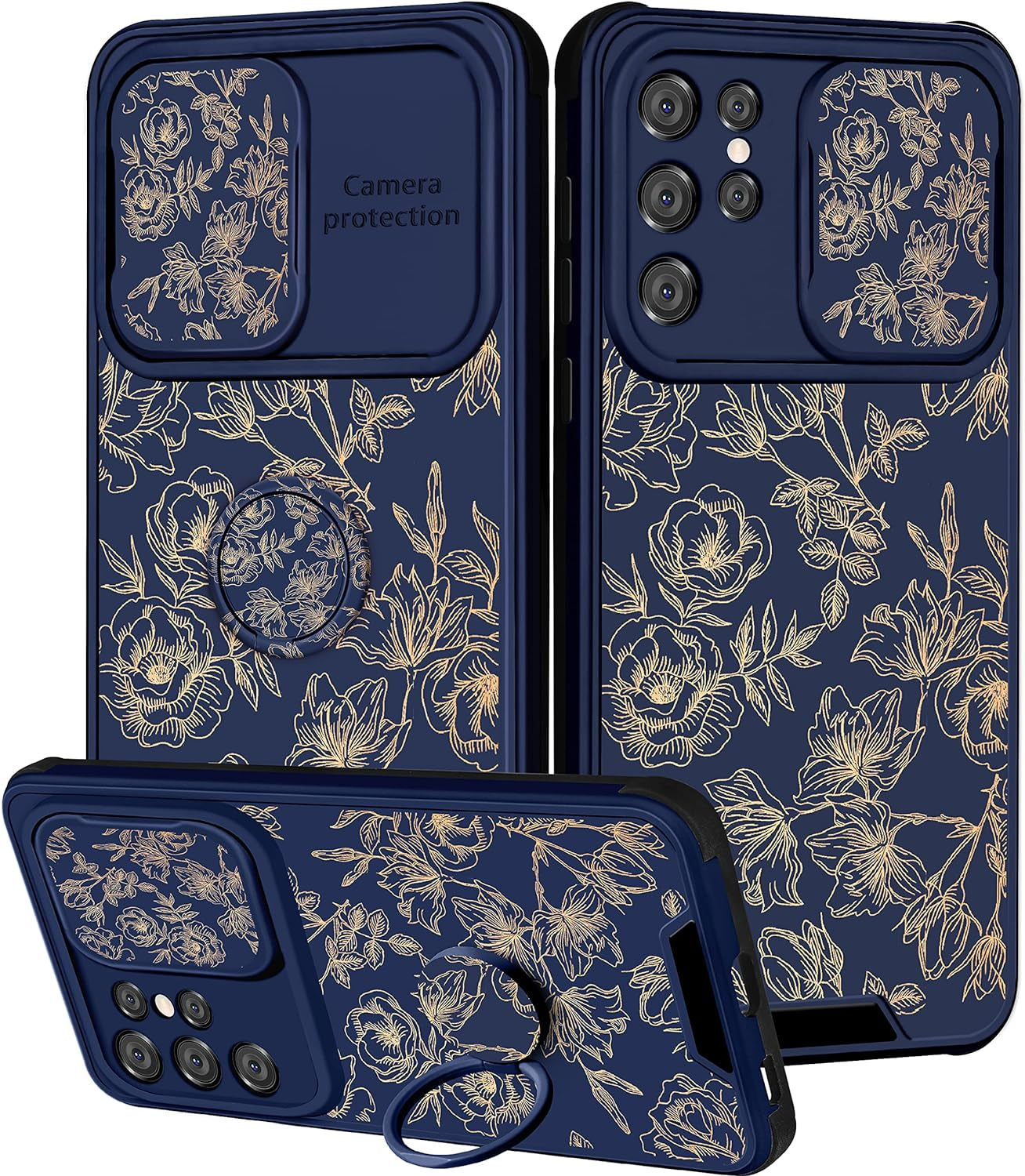 Goocrux for Samsung Galaxy S21 Ultra Case Floral Flowers for Women Girls Cute Girly Phone Cover Blue Flower Plants Design with Slide Camera Cover and Ring Holder Fashion Cases for S21 Ultra 6.8''  Goocrux Gold Flower  