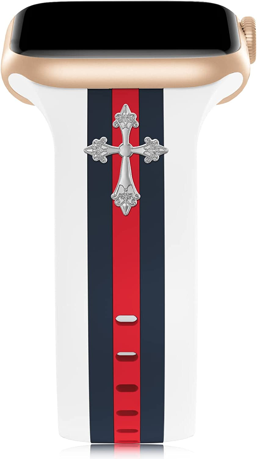 Designer Band with Charms Decor Compatible with Apple Watch Band 38Mm 40Mm 41Mm 42Mm 44Mm 45Mm 49Mm Women Men, Stylish Silicone Sport Wristbands for Iwatch Series 8 7 6 5 4 3 2 1 SE Ultra  Bagoplus White/Blue/Red with Silver Cross 42mm/44mm/45mm/49mm 