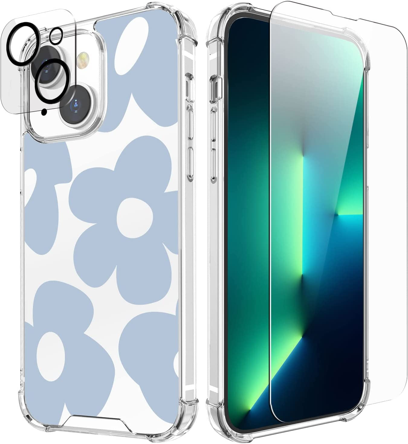 Cutebe [3 in 1 Crystal Phone Case for Iphone 13(2021)/Iphone 14(2022) 6.1", Cute Protective Cover with 9H Temper Glass Screen Protector + HD Temper Camera Lens Protector for Women, Girls  Cutebe iPhone 13/14-Blue Retro Flower iPhone 13/14 Case 6.1 Inch 