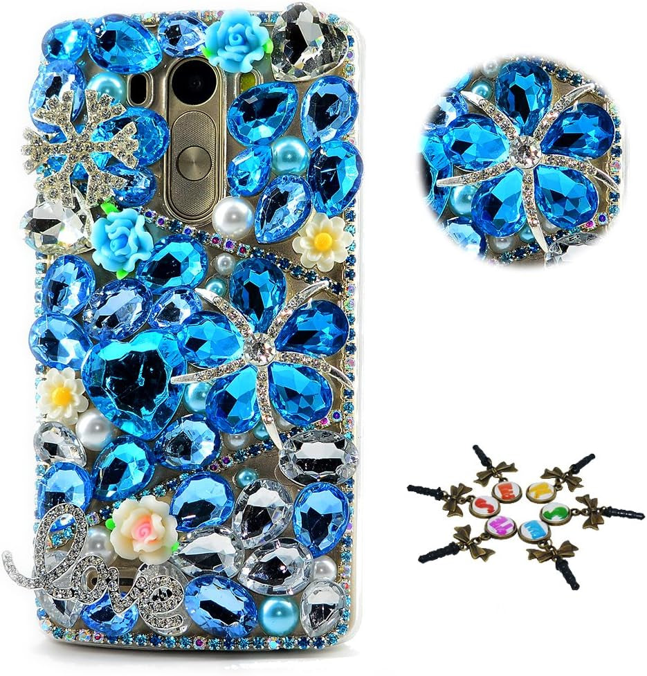 STENES LG G7 Case, LG G7 Thinq Case - STYLISH - 100+ Bling Crystal - 3D Handmade Bling Snow Flowers Heart Love Design Protective Cover Case for LG G7 Thinq - Blue  STENES   