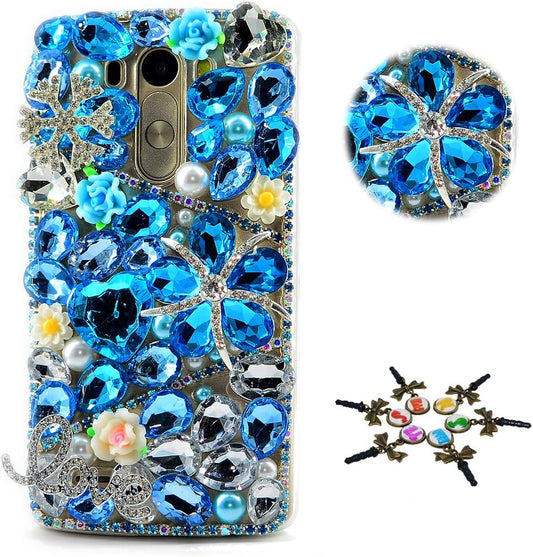 STENES LG G7 Case, LG G7 Thinq Case - STYLISH - 100+ Bling Crystal - 3D Handmade Bling Snow Flowers Heart Love Design Protective Cover Case for LG G7 Thinq - Blue  STENES   