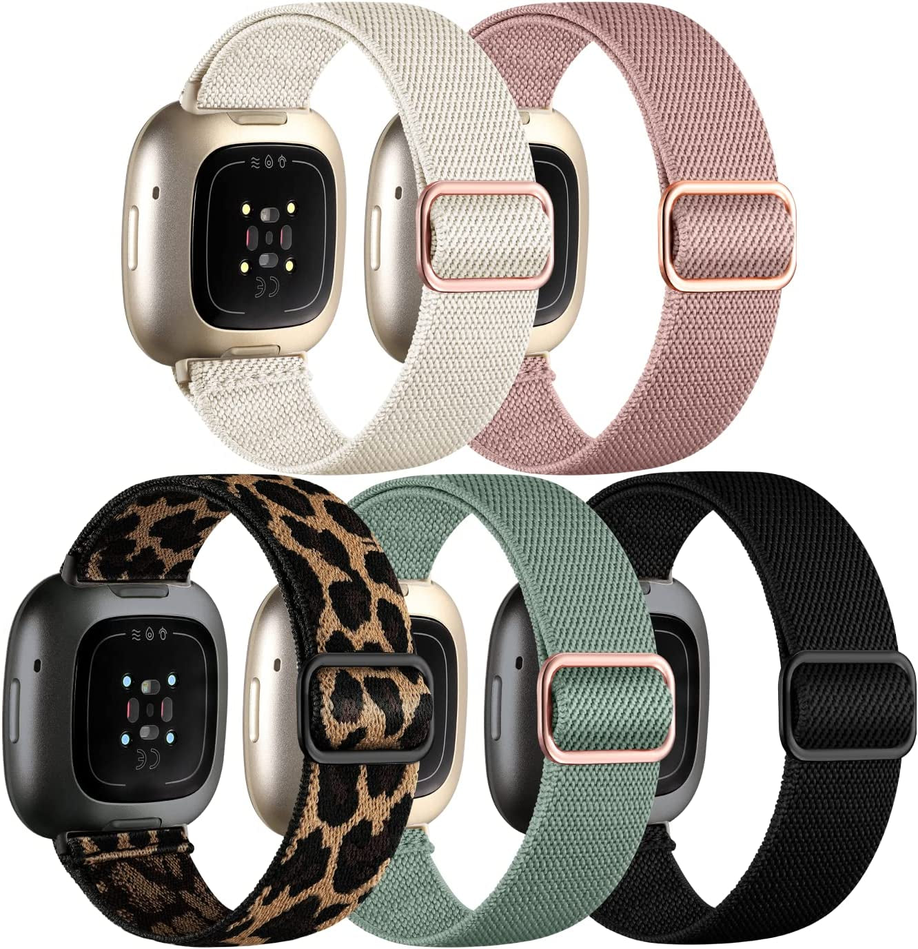 Adorve Compatible with Fitbit Versa 3 Bands/Fitbit Versa 4 Band/Fitbit Sense/Sense 2 Bands for Women Men, Adjustable Stretchy Solo Loop Elastic Nylon Sport Strap for Smartwatch Replacement  25-V3-BElastic-HeiBaiMgfenHuiYxz Black/Pink/Pine Green/Lunar White/Leopard For Versa 3/Versa 4/Sense/Sense 2 