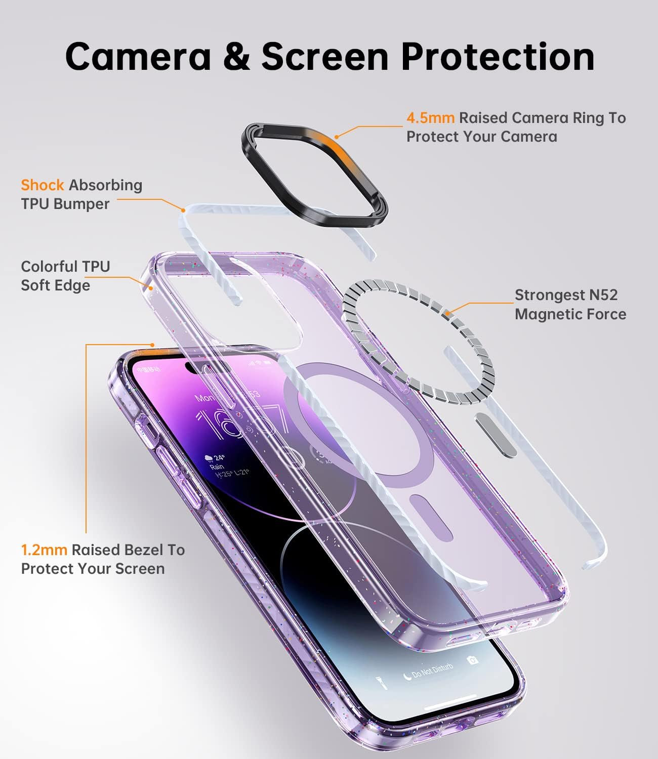 JUESHITUO for Iphone 14 Pro Max Case Magsafe with Glitter Shockproof Buffer Belt [Never Yellow] [10X Military Protection] [Screen Protector & Higher Camera Cover] Magnetic Clear Purple Back 6.7 Inch  JUESHITUO   