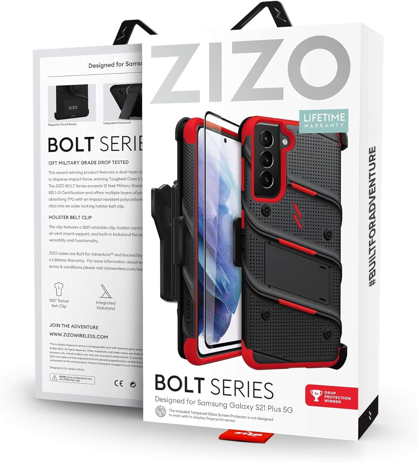 ZIZO Bolt Series for Galaxy S21 plus Case with Screen Protector Kickstand Holster Lanyard - Black & Red  Zizo   