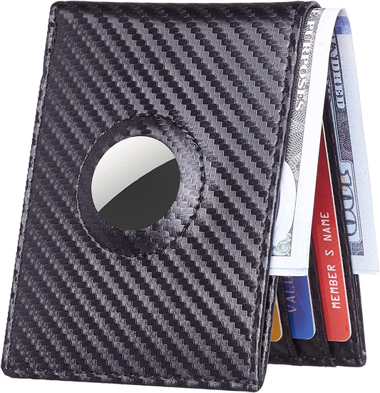 Hawanik Mens Bifold Wallet for Airtag Carbon Fiber Texture, Slim RFID Blocking Wallet with Built-In Holder for Airtag  Hawanik   