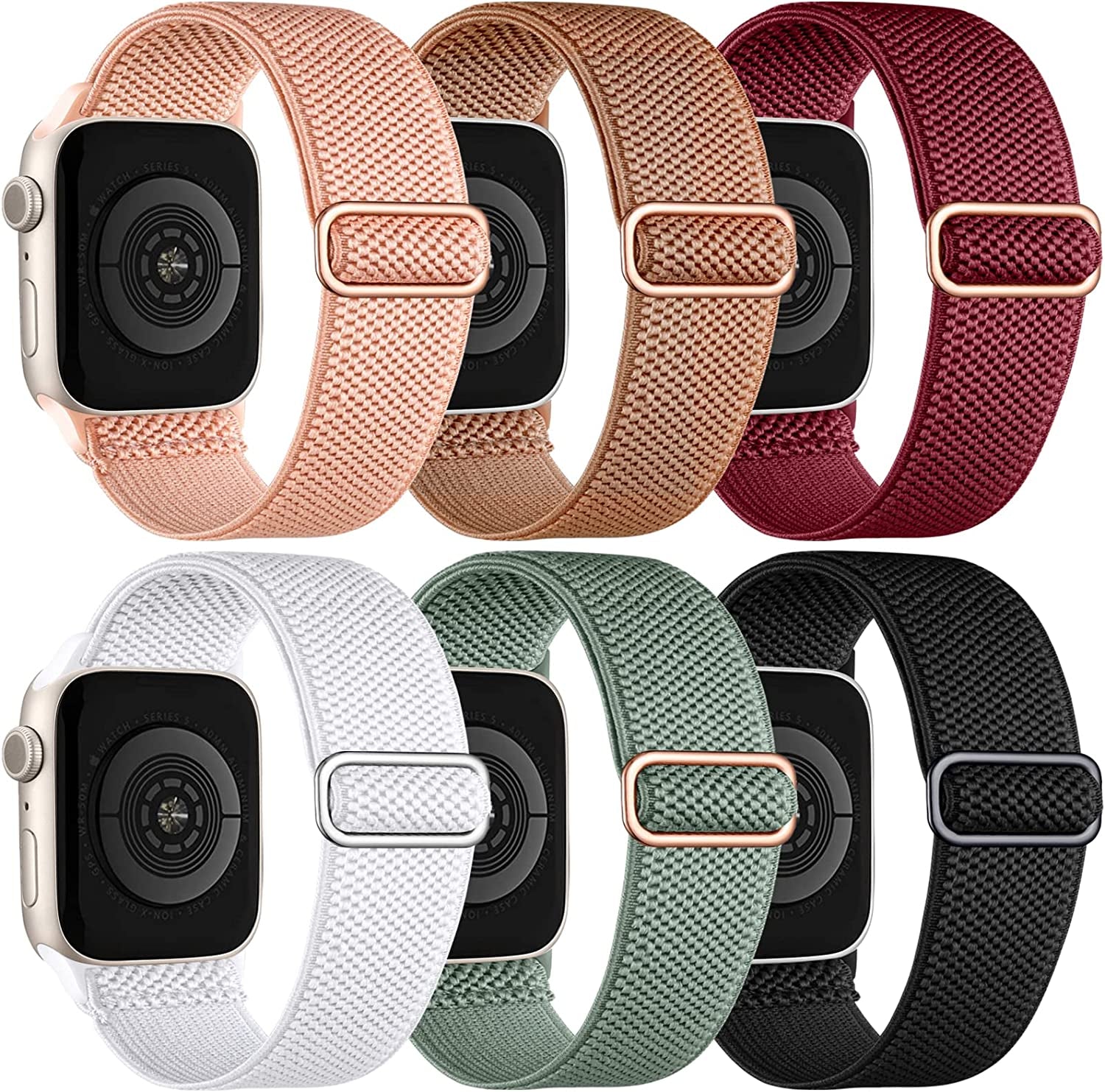 WJK Stretchy Nylon Solo Loop Bands Compatible with Apple Watch 38Mm 40Mm 41Mm 42Mm 44Mm 45Mm 49Mm for Women Men, Adjustable Braided Sport Elastic Wristbands for Iwatch Ultra SE Series 8 7 6 5 4 3 2 1, 6 Packs  WJK Black/White/Light Brown/Pink/Cactus/Wine Red 38mm/40mm/41mm 