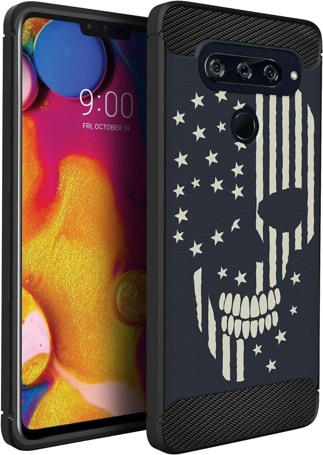 Casesondeck Case Compatible with LG V40 Thinq - Soft Fitted Flexible TPU Cover Shock Protection (Blue Future Skull)  CasesonDeck Usa Skull Flag  