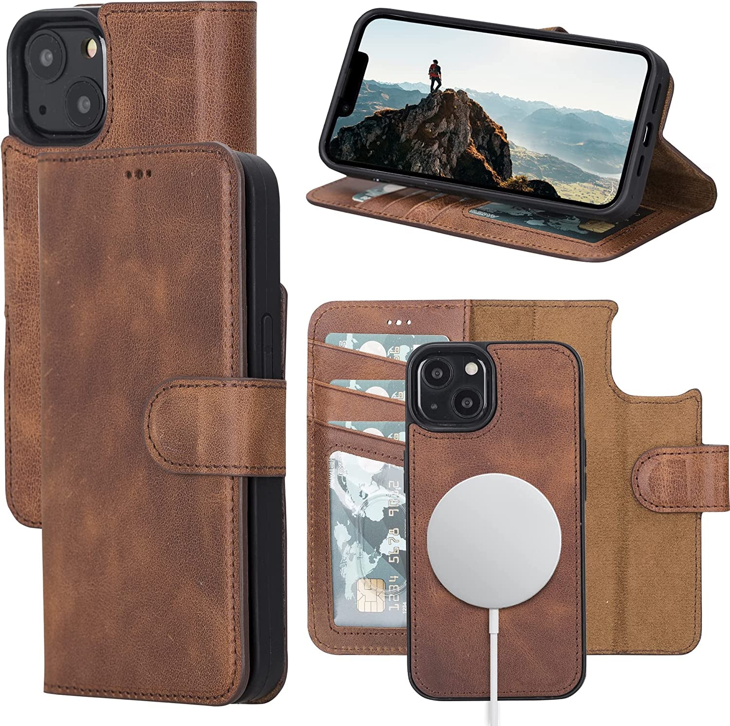 OXA Leather 2-In-1 Wallet Case Compatible with Iphone 14 Pro Max | Magnetic Detachable | Shockproof | RFID Blocking | Flip Case with Kickstand | Compatible with Magsafe | - Purple  OXA Brown iPhone 14 Plus 