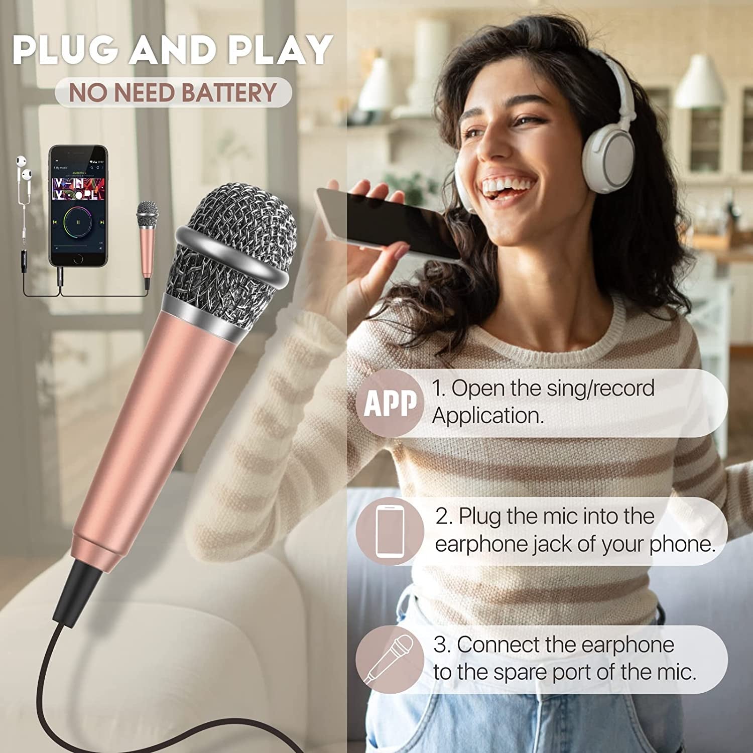 Mini Microphone, Wootrip Karaoke Tiny Microphone for Voice Recording Interview, Portable Small Singing Mic 3.5Mm Plug with Stand Suitable for Android Phone,Iphone,Ipad, Laptop (Rose Gold)  Wootrip   