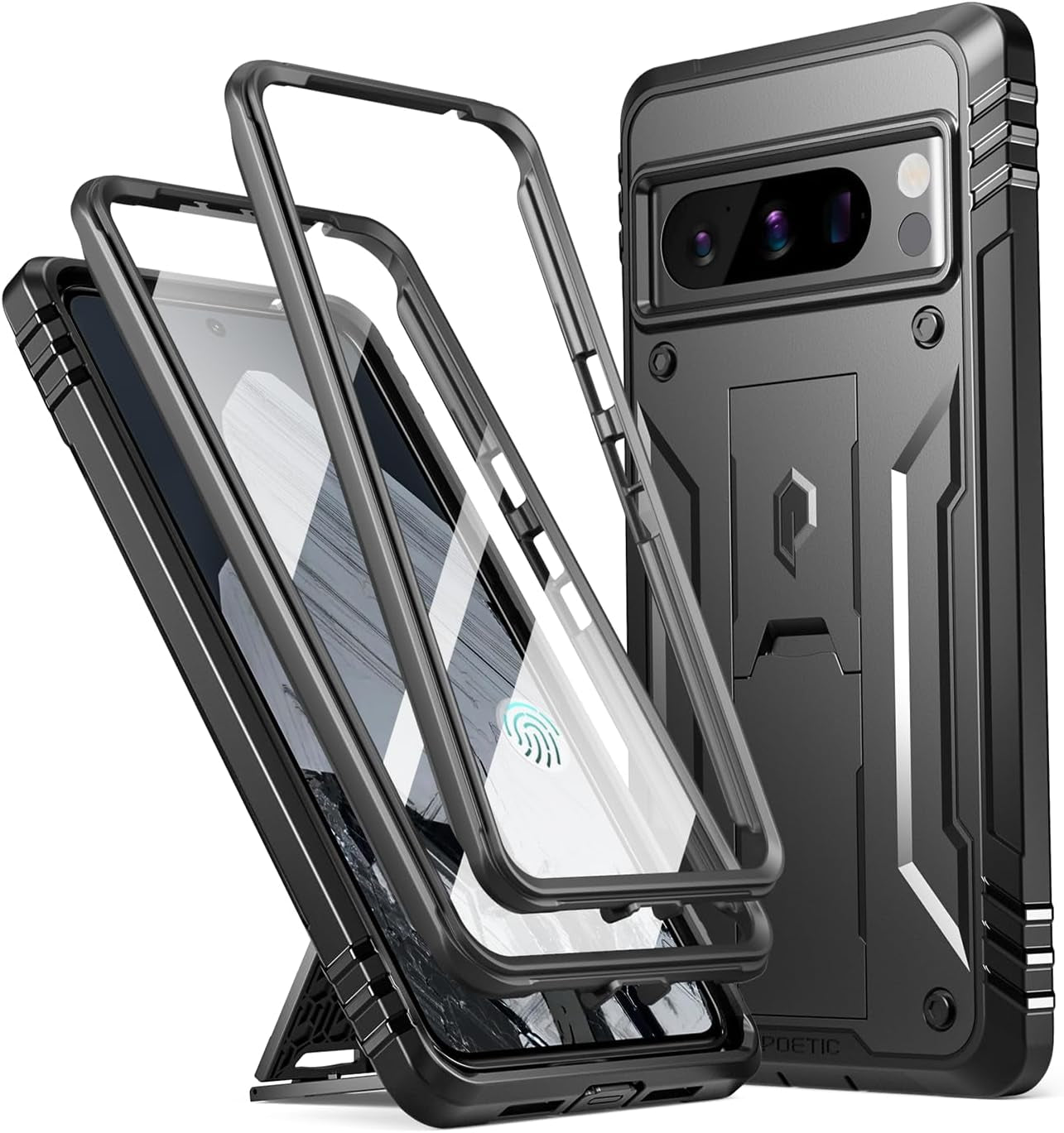 Poetic Revolution Case for Google Pixel 8 Pro 5G 6.7 Inch, Built-In Screen Protector Work with Fingerprint ID, Full Body Rugged Shockproof Protective Cover Case with Kickstand, Black  Poetic   