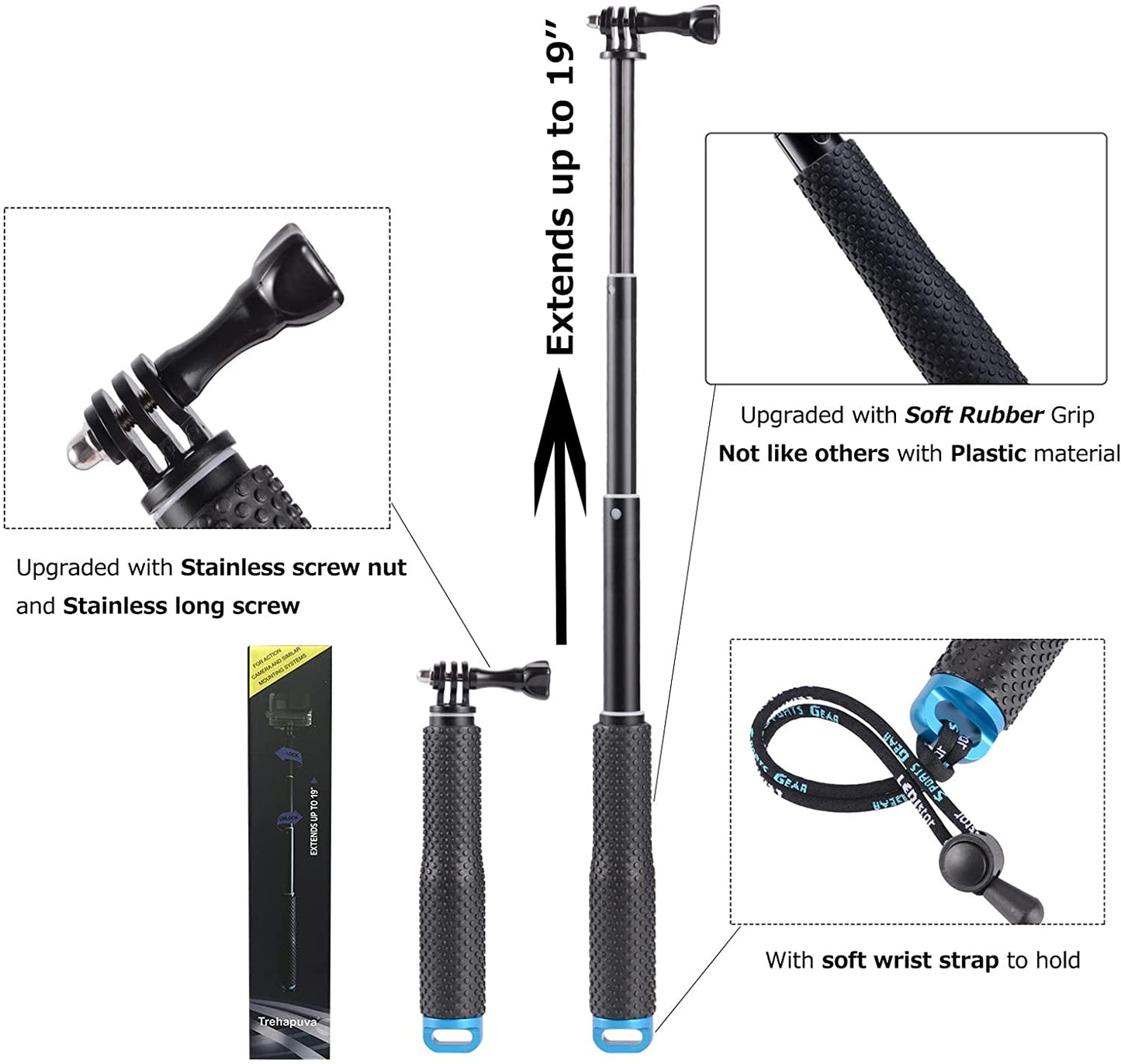 Trehapuva Selfie Stick, 19” Waterproof Extension Hand Grip Adjustable Monopod Pole Compatible with Gopro Hero(2018) Hero 10 9 8 7 6 5 4 3+ 3 Session, AKASO, Xiaomi Yi,Sjcam SJ4000 SJ5000 SJ6000 More  Trehapuva   