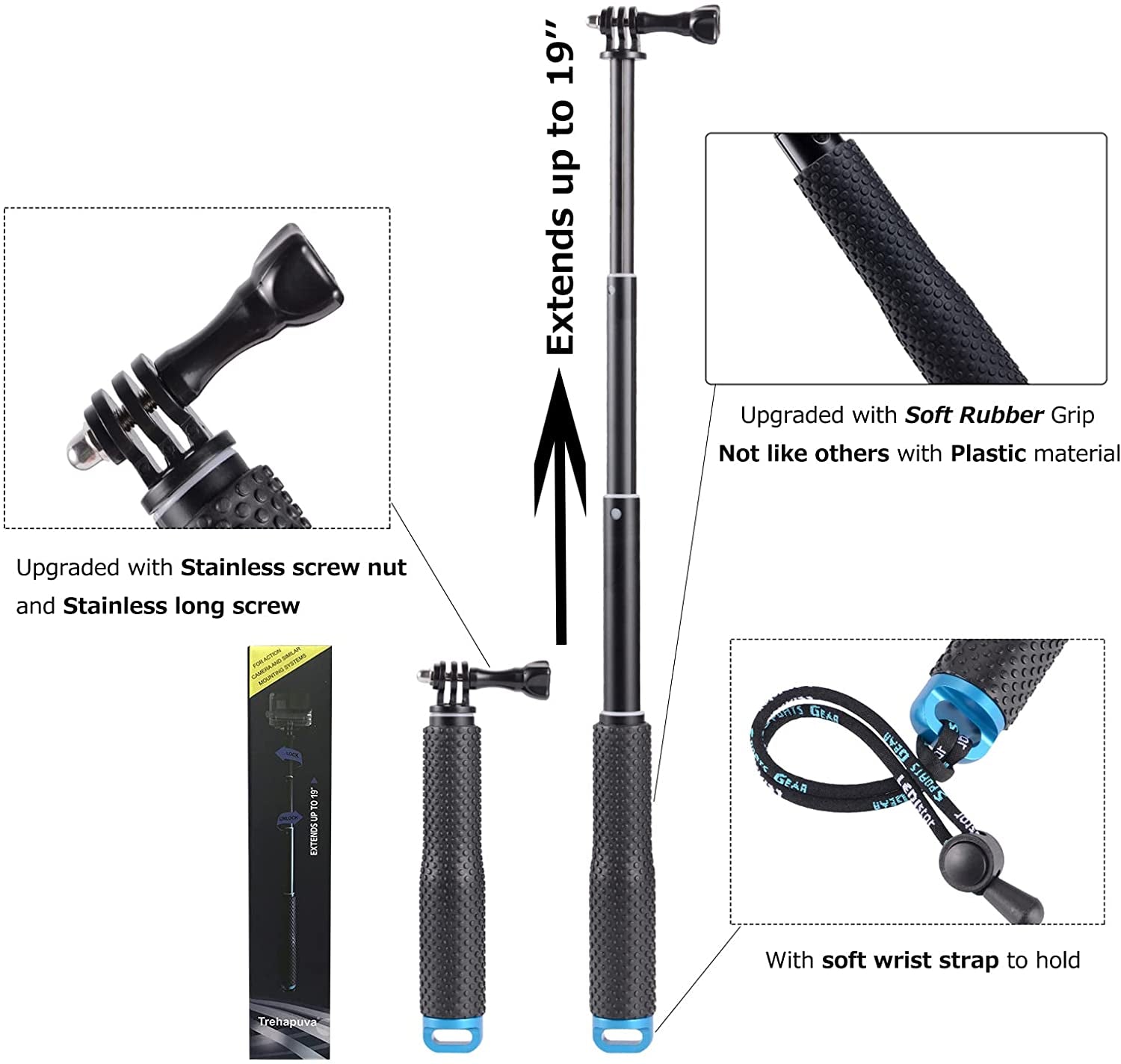 Trehapuva Selfie Stick, 19” Waterproof Extension Hand Grip Adjustable Monopod Pole Compatible with Gopro Hero(2018) Hero 10 9 8 7 6 5 4 3+ 3 Session, AKASO, Xiaomi Yi,Sjcam SJ4000 SJ5000 SJ6000 More  Trehapuva   