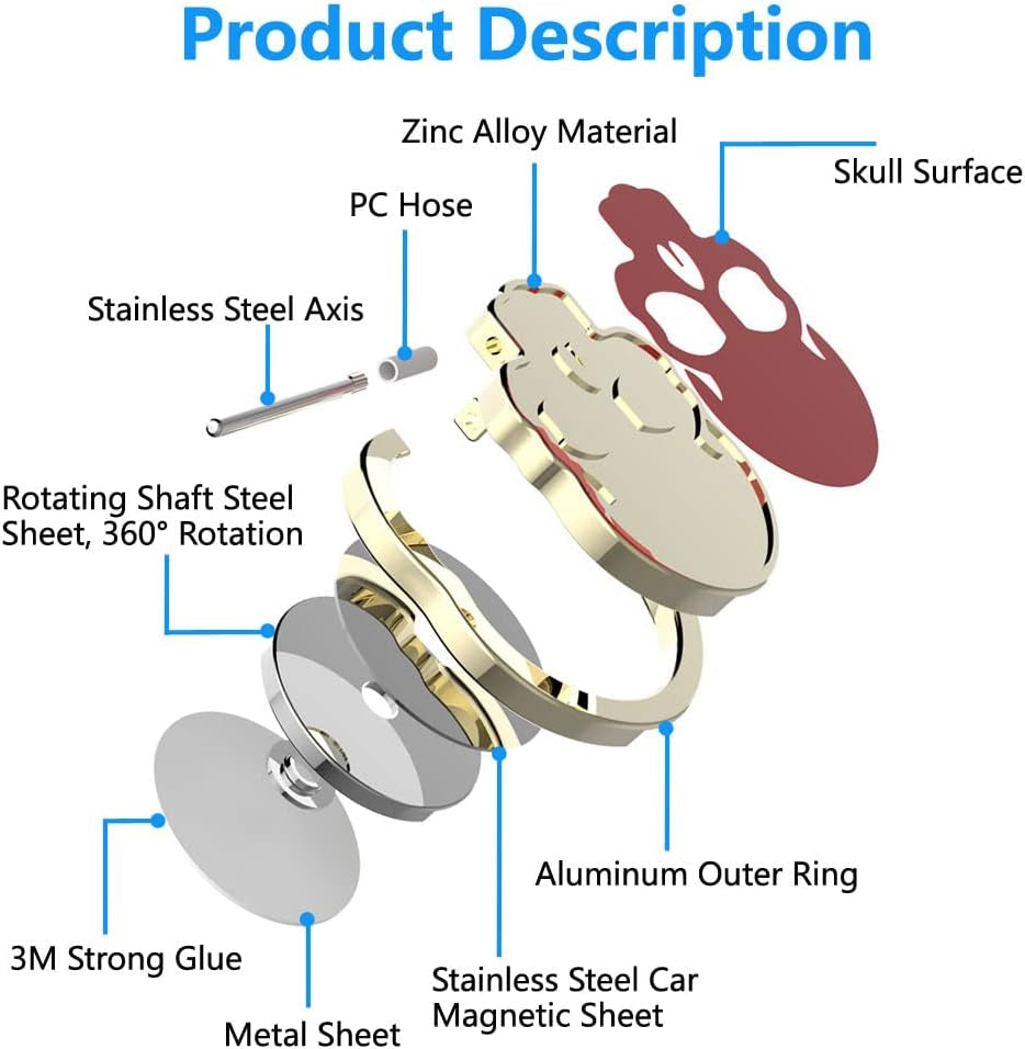 VOVIGGOL Skull Cell Phone Ring Holder for Magnetic Car Mount, 360° Rotation Metal Phone Ring Grip Phone Ring Stand Phone Ring Finger Kickstand Compatible with All Smartphones (White)  VOVIGGOL   
