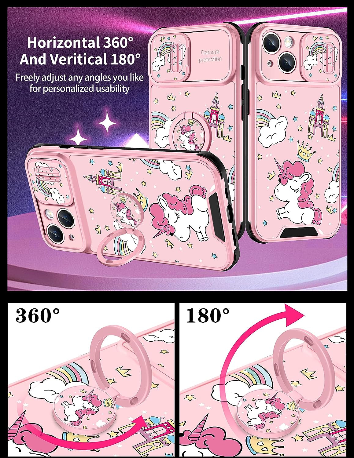 Goocrux (2In1 for Iphone 14 plus Case for Girls Women Kawaii Cartoon Girly Phone Cover Cute Unique Design with Slide Camera Cover+Ring Holder Pink Rainbow Cases for Iphone 14Plus 6.7 Inch  Goocrux   