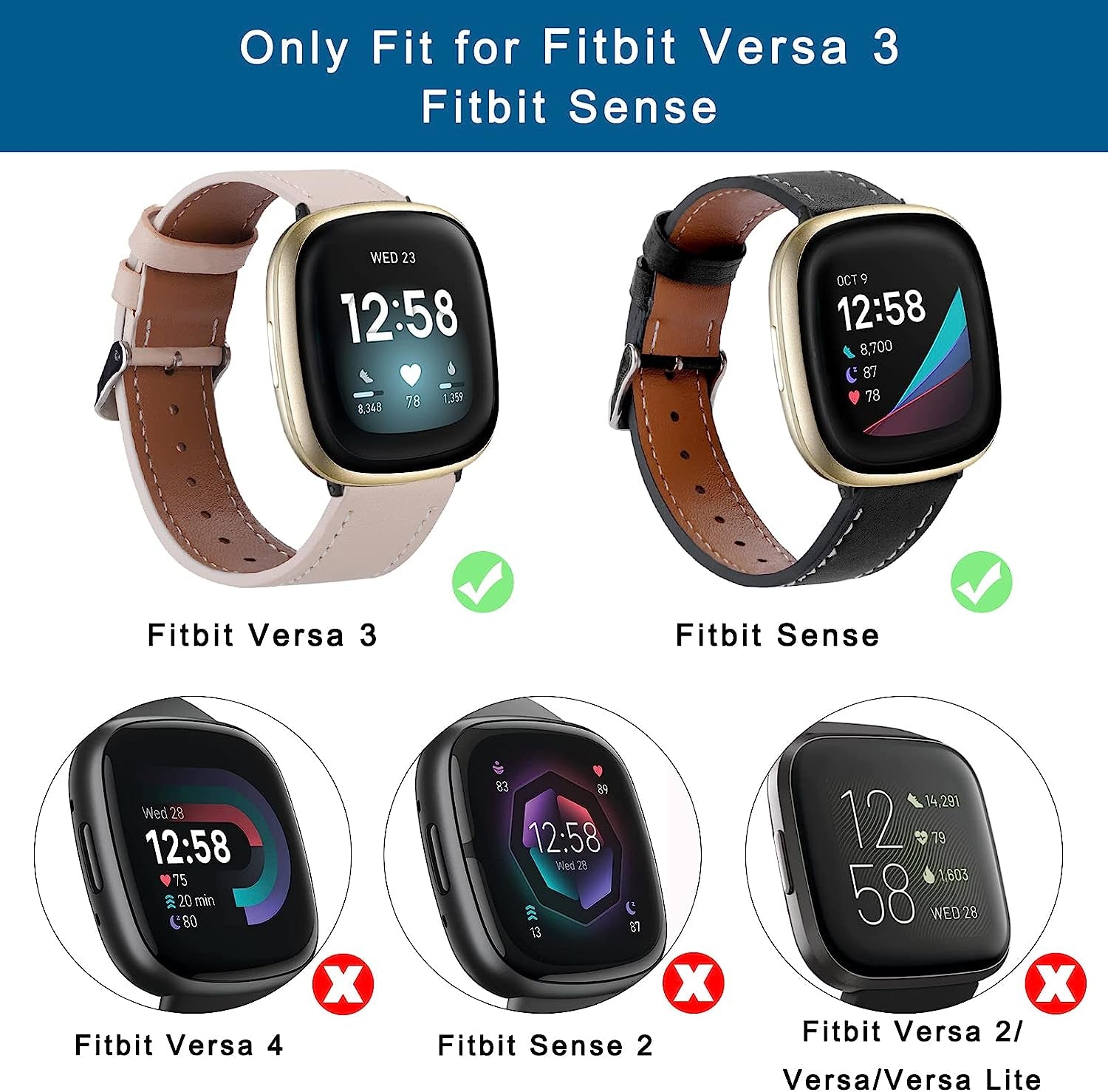 2 Pack Leather Bands Compatible with Fitbit Versa 3 Bands/Fitbit Sense Bands for Women Men, Classic Soft Leather Replacement Wristbands Strap for Fitbit Versa 3 / Fitbit Sense  POHNUI   