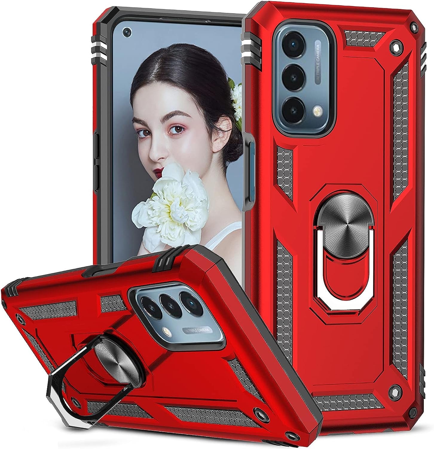 Leyi for Oneplus Nord N200 5G Case, Nord N200 5G Case, [Military Grade] Heavy Duty Shockproof Protective Phone Case with Magnetic Car Mount Ring Kickstand for Oneplus Nord N200 5G, Black  LeYi Red No Screen Protector  