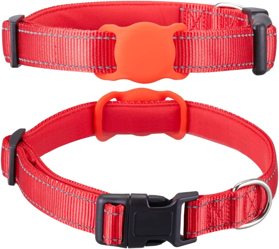Airtag Dog Collar for Small Medium Large Dogs, Animire Soft Neoprene Padded Pet Cat Collar, Nylon Puppy Collar with Silicone Air Tag Case Holder Accessories, 9''-16'' Neck  Animire Red XS:8"-12" Neck 