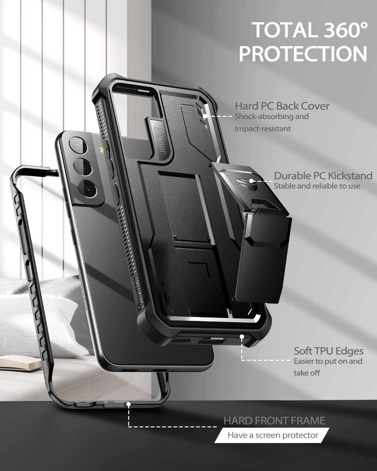 Dexnor for Samsung Galaxy S22 Case, [Built in Screen Protector and Kickstand] Heavy Duty Military Grade Protection Shockproof Protective Cover for Samsung Galaxy S22 5G,Black  Dexnor   