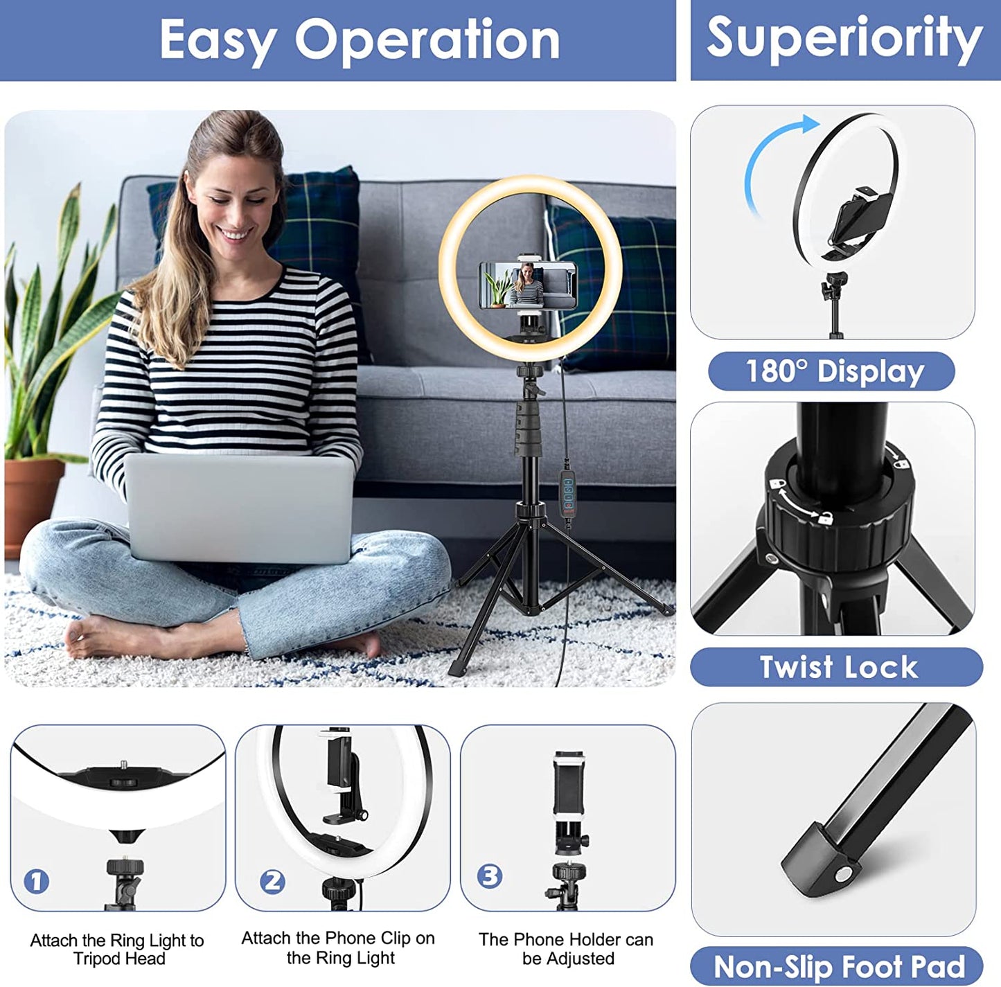 Ubeesize 10''Selfie Ring Light with 62''Tripod Stand, Led Ring Light with Phone Holder and Remote for Video Recording/Zoom Meeting (Youtube/ Tiktok/Twitch), Compatible with Phones, Cameras & Webcams  UBeesize   