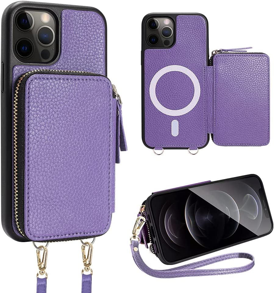 ZVE Iphone 14 Pro Crossbody Wallet Case Magsafe, Phone Case with RFID Blocking Card Holder Wrist Strap for Women, Zipper Leather Cover for Iphone 14 Pro, 6.1"-Black  ZVE Light Purple iPhone 12 & 12 Pro 