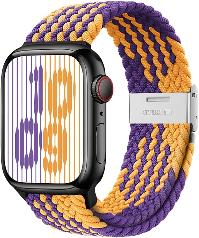 Qimela Compatible with Apple Watch Band 49Mm 45Mm 44Mm 42Mm,Stretchy Sport Solo Loop Strap with Adjustable Buckle,Elastic Nylon Braided Wristband for Iwatch Series 8 7 6 SE 5 4 3 2 1 Ultra,Women Men  FS-TECH Purple Golden 42mm/44mm/45mm/49mm 