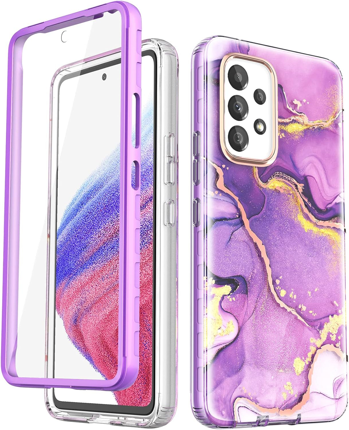 Chvelop Case Compatible with Samsung Galaxy A53 5G (2022 Released), Marble Stylish Slim Soft TPU, Full Body Protective with Built-In Screen Protector, Shockproof Cover for A53, 6.5 In, River/Purple  Chvelop Purple Samsung Galaxy A53 5G 