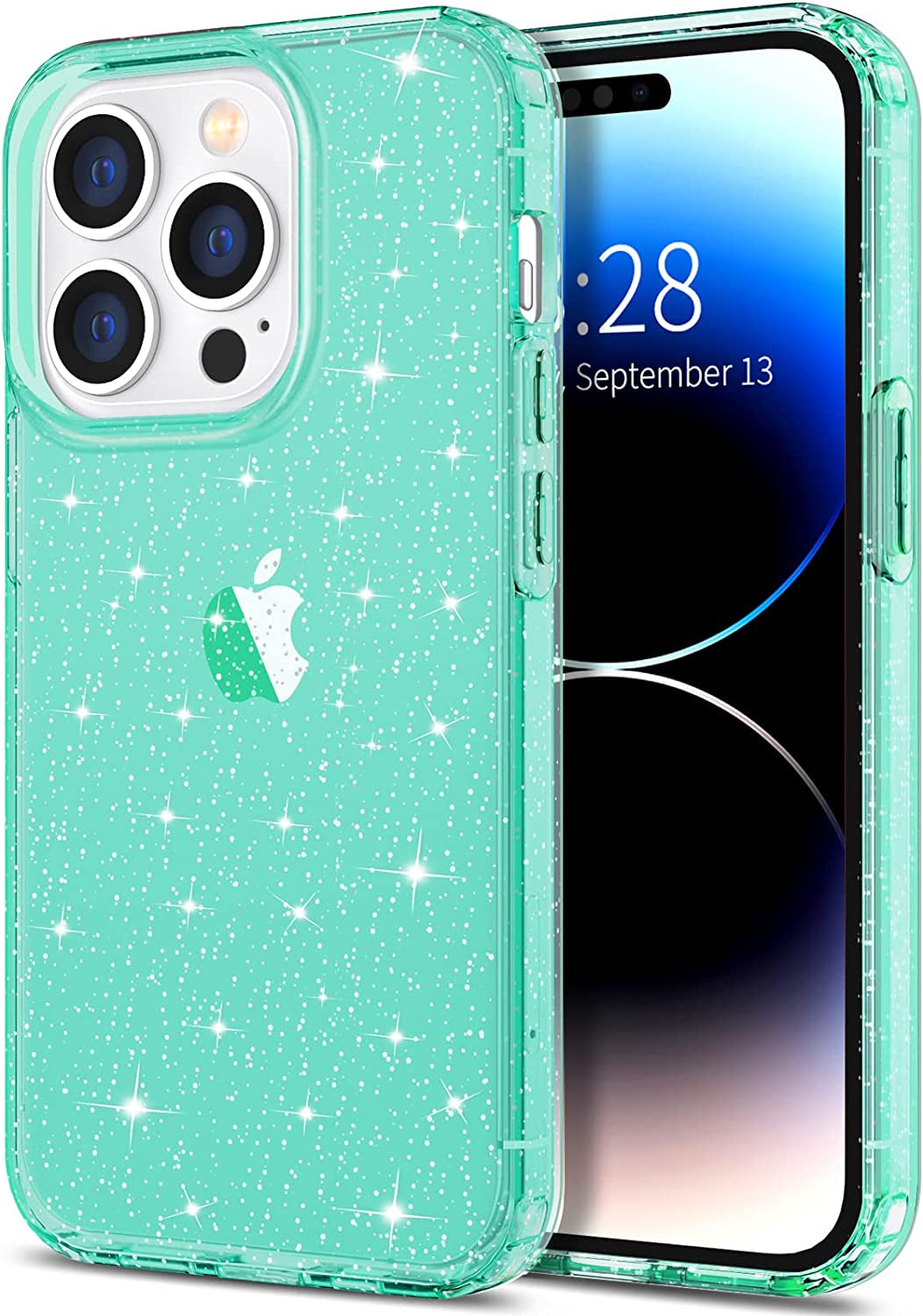 Hython Case for Iphone 14 Pro Max Case Glitter, Cute Sparkly Clear Glitter Shiny Bling Sparkle Cover, Anti-Scratch Soft TPU Slim Fit Shockproof Protective Phone Cases for Women Girls, Black Glitter  Hython Green Glitter  