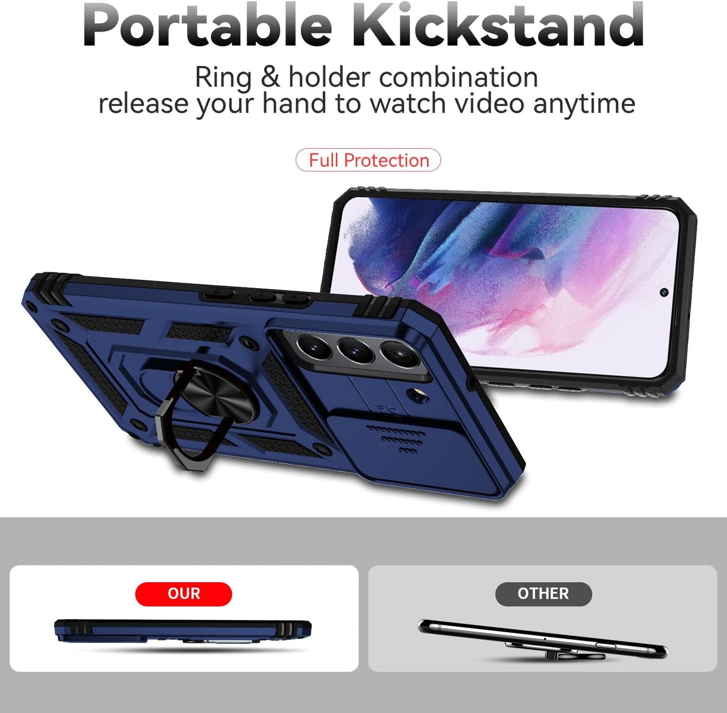 For Samsung Galaxy S22 plus Case with Camera Lens Cover HD Screen Protector, Military-Grade Drop Tested Magnetic Ring Holder Kickstand Protective Phone Case for Samsung Galaxy S22+ plus 5G (Navy Blue)  JINZHI Inc   