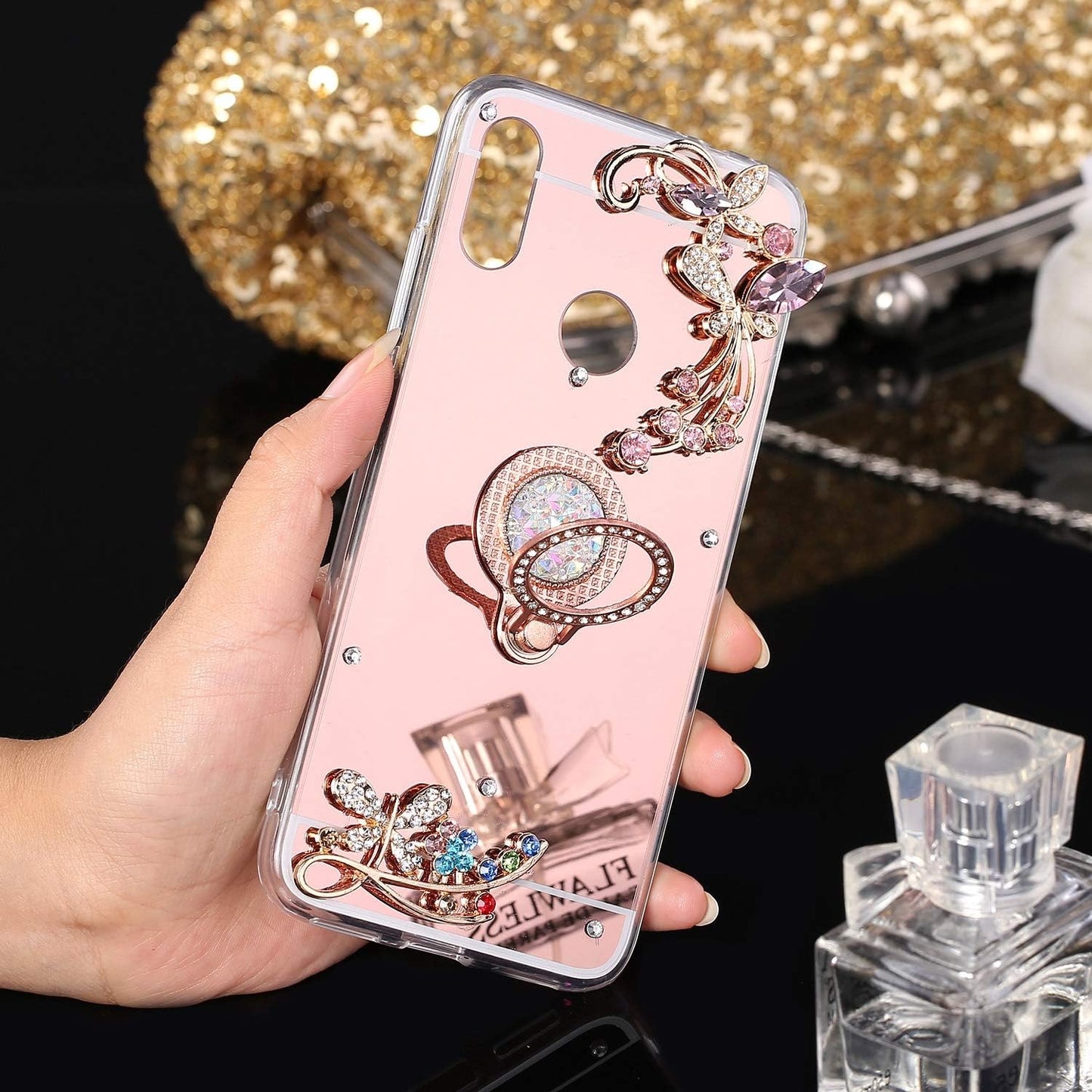 Case for Xiaomi Redmi Note 7 Diamond Case,Crystal Inlaid Diamond Flower Rhinestone Diamond Glitter Bling Mirror TPU Case & Ring Stand +Touch Pen Dust Plug for Xiaomi Redmi Note 7 Mirror Case,Rose Gold  ikasus   