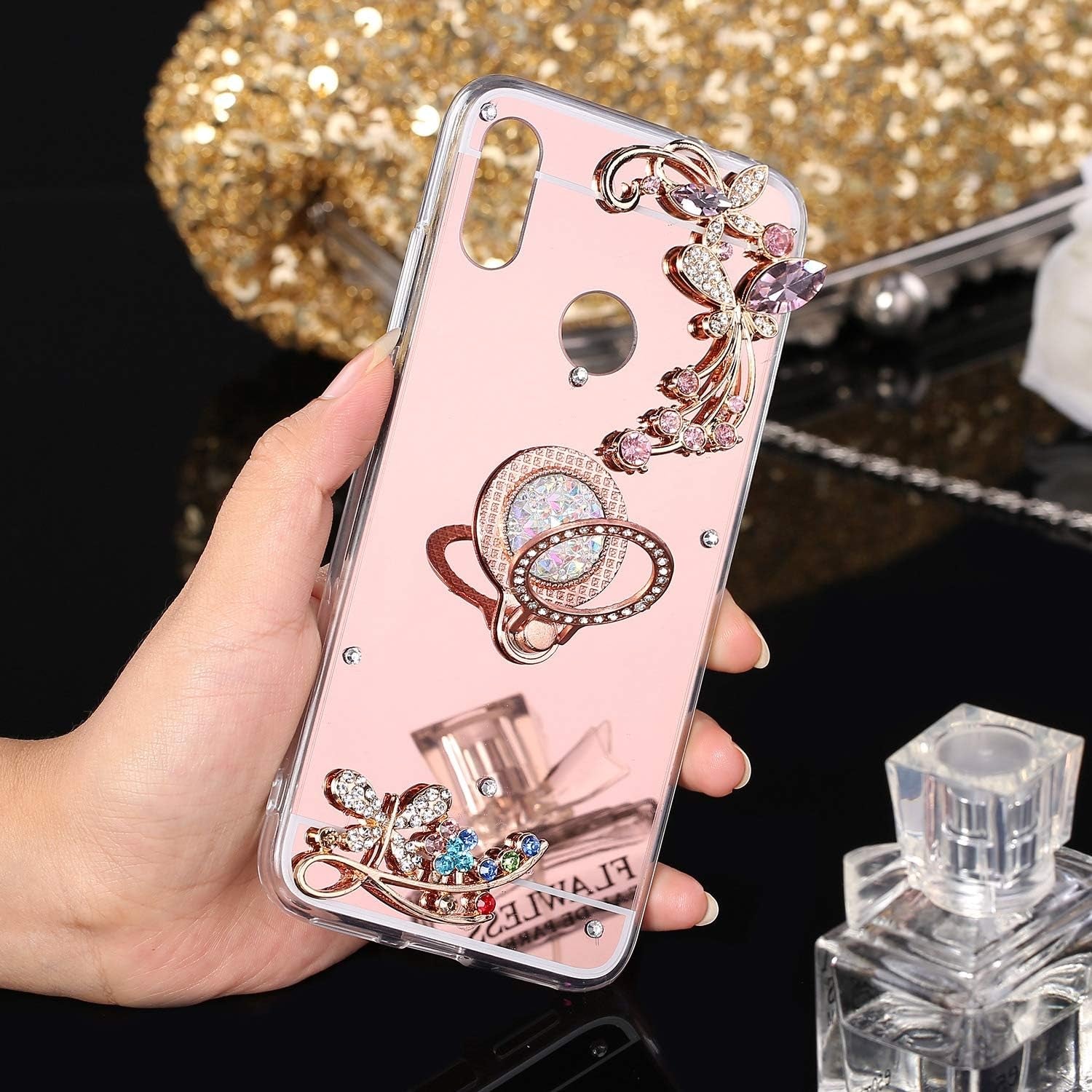 Case for Xiaomi Redmi Note 7 Diamond Case,Crystal Inlaid Diamond Flower Rhinestone Diamond Glitter Bling Mirror TPU Case & Ring Stand +Touch Pen Dust Plug for Xiaomi Redmi Note 7 Mirror Case,Rose Gold  ikasus   