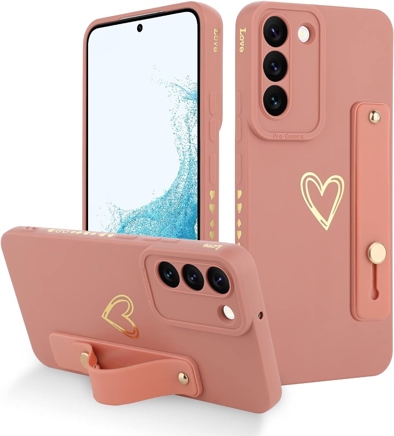 Fiyart Galaxy S22 5G Case - Cute Love Hearts, Slim Protective Cover, Camera Protection, Stand Holder & Wrist Strap, 6.1" - Wine Red  Fiyart Pink  