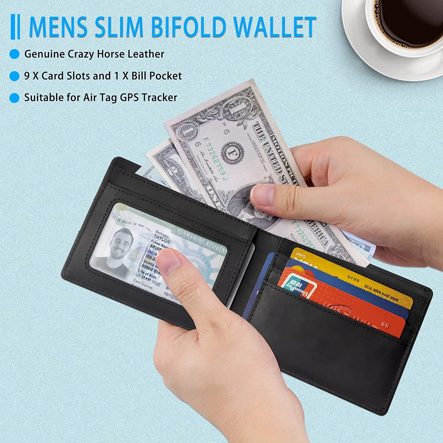 Dseeky Mens Slim Bifold Wallet Multi-Function Wallet Slim Simple Leather Wallet for Airtag Oscar,Genuine Crazy Horse Leather(Black)  Dseeky   