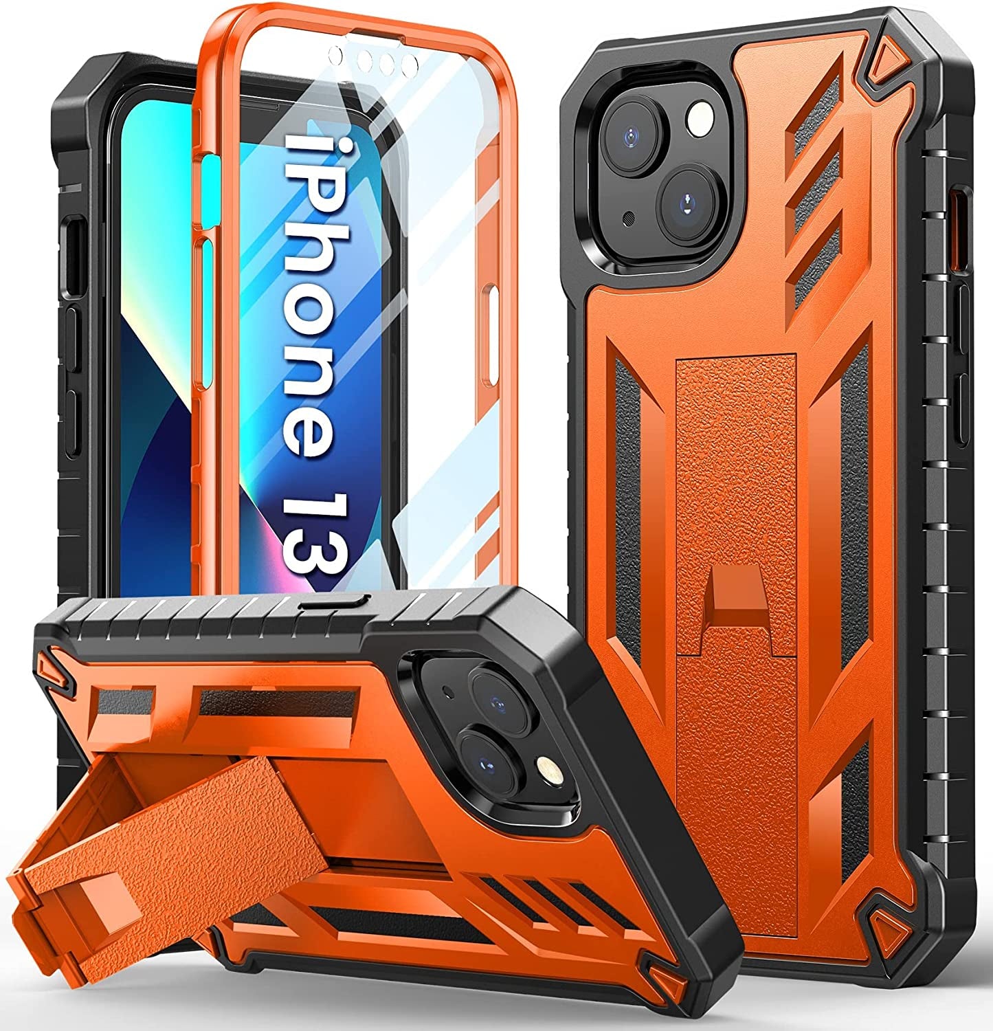 For Iphone 13-14 Case Protective Cover: Heavy Duty Military Grade Hard Protection with Belt Clip | Shock Proof Grip Durable Design Iphone 13 Cell Phone Case with Built-In Kickstand (Belt-Clip Blue)  SOiOS Orange  