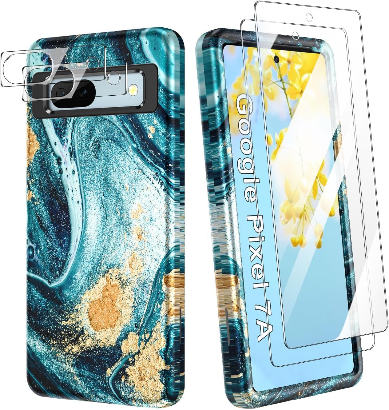 Btscase for Google Pixel 7A Case, [5 in 1] with 2 Pack Screen Protector + 2 Pack Camera Lens Protector, Marble Pattern Full Body Three Layer Rugged Shockproof Protective Cover (2023), Rose Gold  Btscase Ocean  