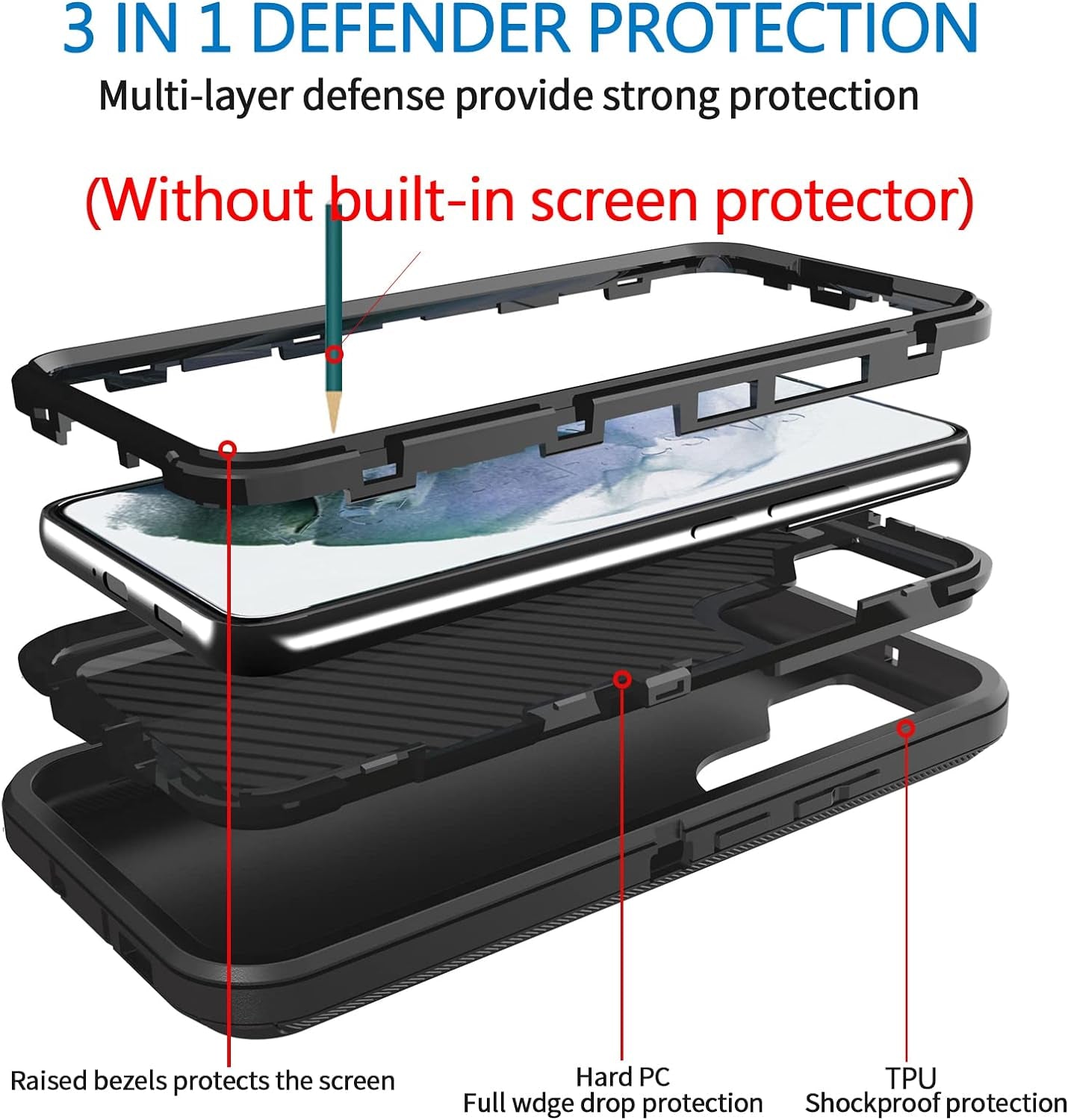 Anloes Defender Case for Samsung Galaxy S22 5G, Galaxy S22 5G Phone Case Heavy Duty Shockproof Dustproof 3 in 1 Rugged Protective Bumper Cover for S22 5G Black(Without Built-In Screen Protector)  Anloes   