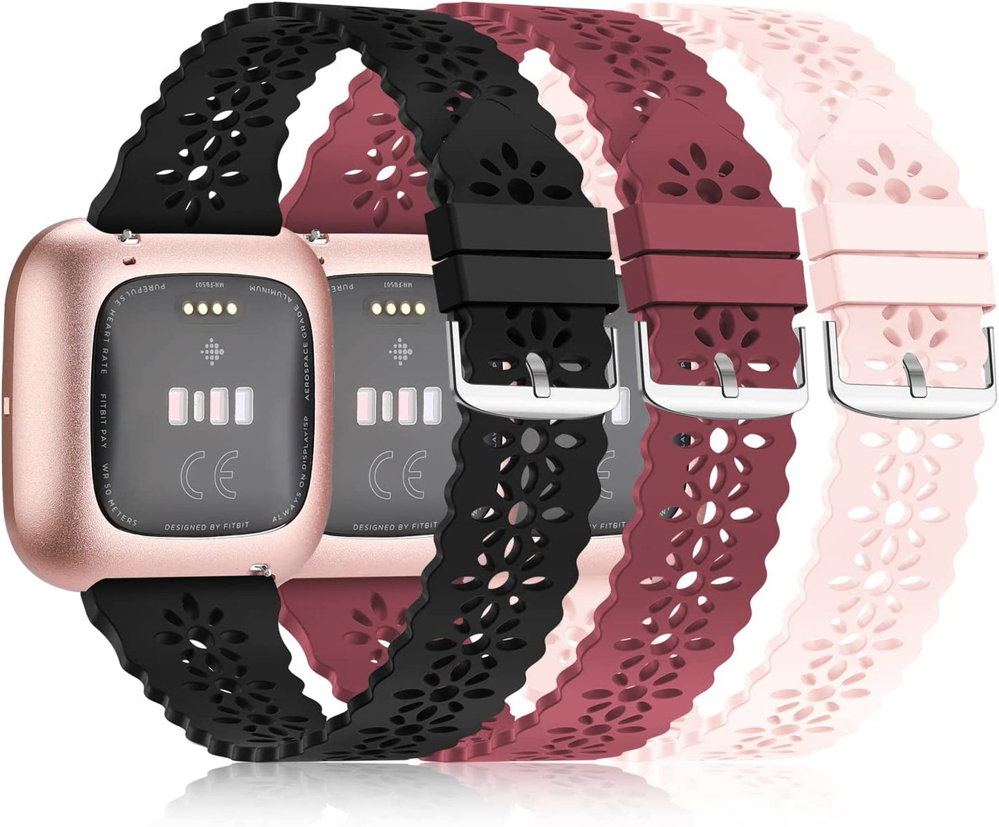 YAXIN 3 Pack Slim Sport Bands Compatible with Fitbit Versa/ Versa 2/ Versa Lite Band for Women,Soft Silicone Lace Replacement Wristbands for Smart Watch,Black/White/Pink Sand  YAXIN C-black/wine red/pink sand  