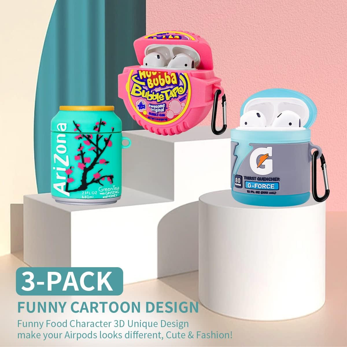 3-Pack Cute Airpods Case for Airpod 2/1, Kawaii 3D Cartoon Funny Airpods Cover Food Design Fashion Silicone Case for Airpods 1&2 Charging Case for Girls Boys Kids (Sport Water+Bubble Gum+Green Drinks)  ZOICIP   