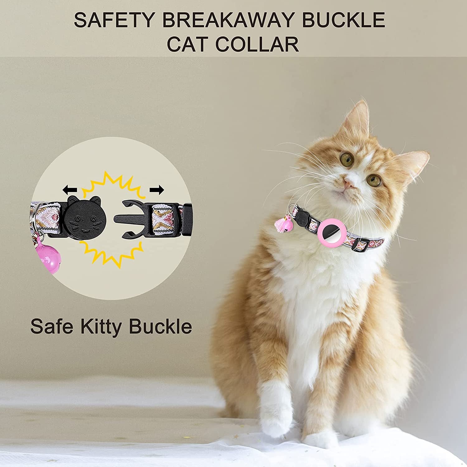 Airtag Cat Collar with Bell Adjustable Breakaway Kitten Collars:- Safety Buckle and Silicone Air Tag Holder Case Compatible with Apple Airtag Geometric Pattern Pet Collar (Pink)  OEBEESA   