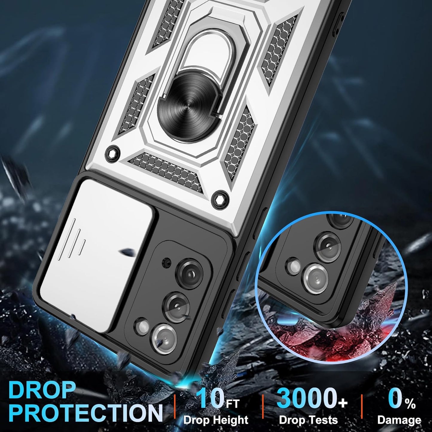 Compatible with Samsung Galaxy Note 20 5G Case,Samsung Note 20 Case with HD Screen Protector with Slide Camera Cover, 360°Rotation Ring Kickstand [Military Grade] Case for Galaxy Note 20,Silver  Gritup   