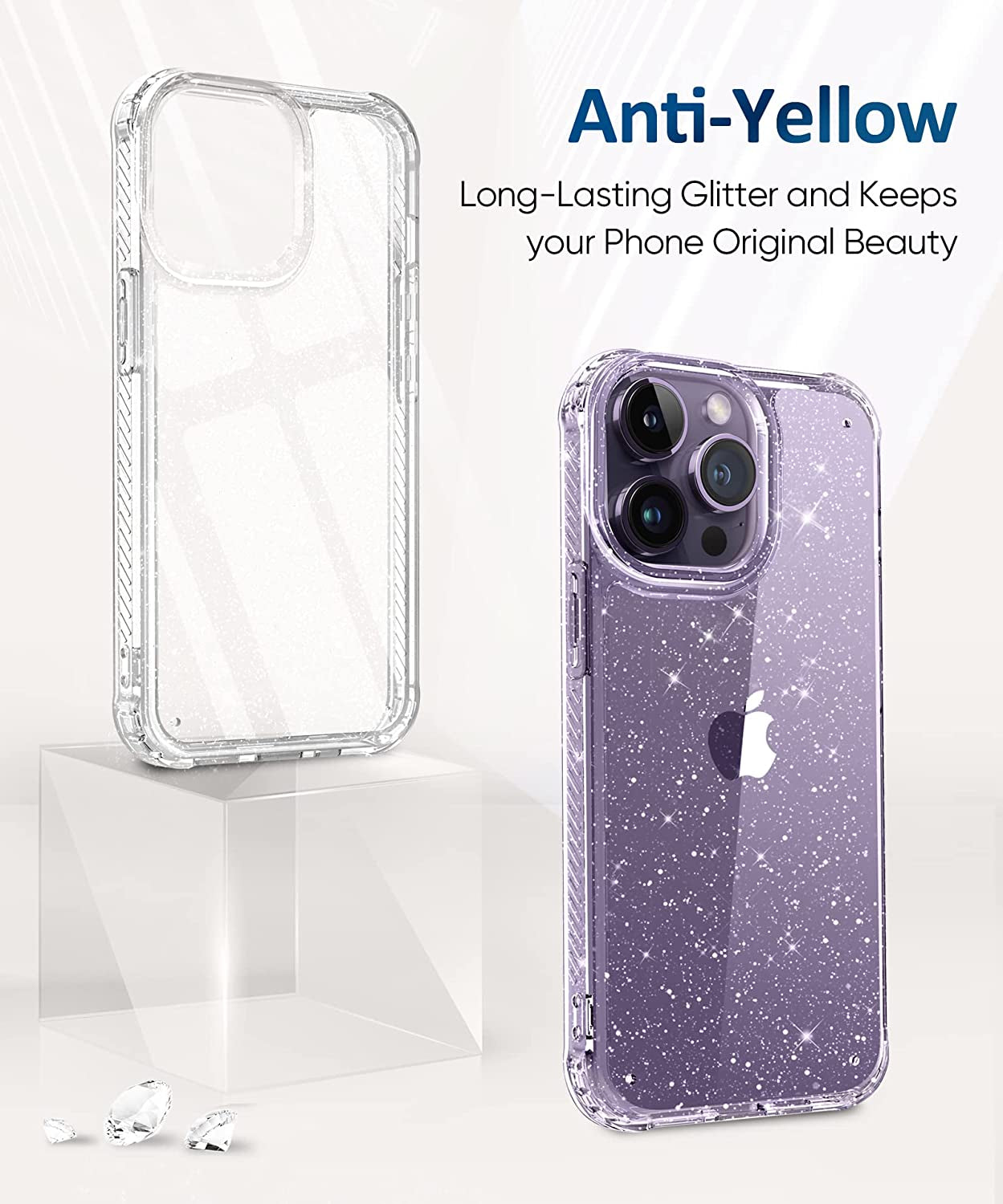MIODIK Clear Glitter Case for Iphone 14 Pro, [Military-Grade Protective] with Screen Protector + Camera Protector, [Non-Yellowing] Slim Shockproof Women Cute Bumper Cover 6.1" 2022 (Sparkle Clear)  MIODIK   