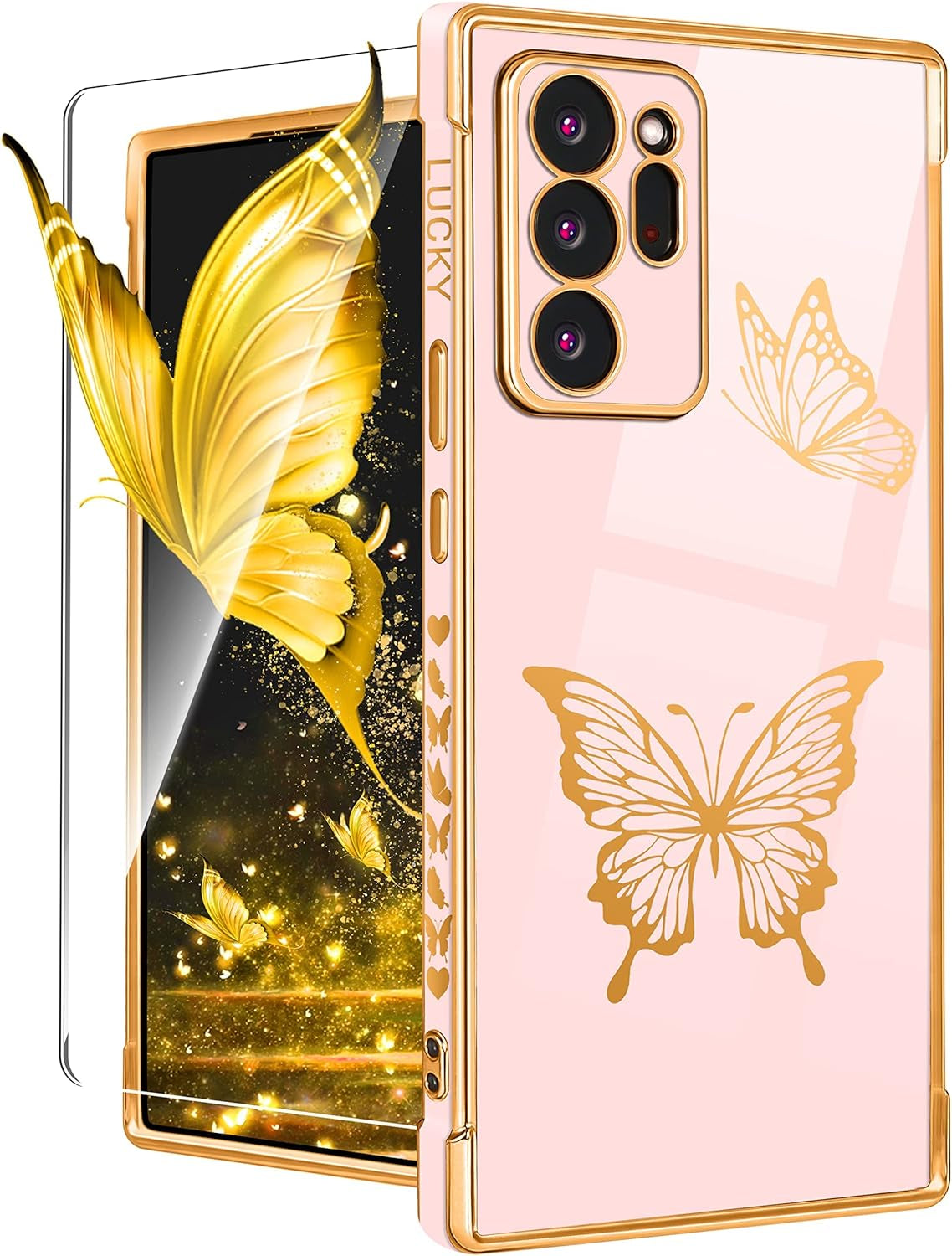 Coralogo for Samsung Galaxy Note 20 Ultra Case Butterfly for Women Girls Girly Pretty Phone Cases Cute Mint Green Gold Plating Butterflies Design with Screen Aesthetic Cover for Note 20 Ultra 5G 6.9"  Coralogo 1-Pink  