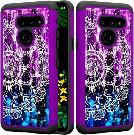 Zase LG G8 Thinq Case, Design for LG G8 Slim Hybrid Dual Layer Protection [Jewel Rhinestones] Shockproof Cute Girls Woman Sparkly Crystal Gem Cover [Bling Diamond] (Purple Blue Mandala Flower)  Zase   