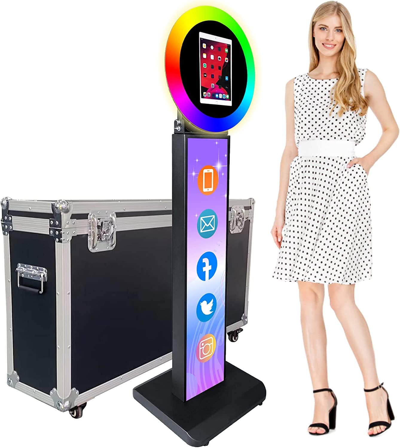 RXFSP Portable Photo Booth for 12.9" Ipad LCD Screen Selfie Machine Portable Metal Shell Adjustable Stand Photobooth Machine with RGB LED Ring Light for Wedding Halloween Christmas  RXFSP Ipad Photo Booth-black for 10.9/11"iPad+Flight Case 
