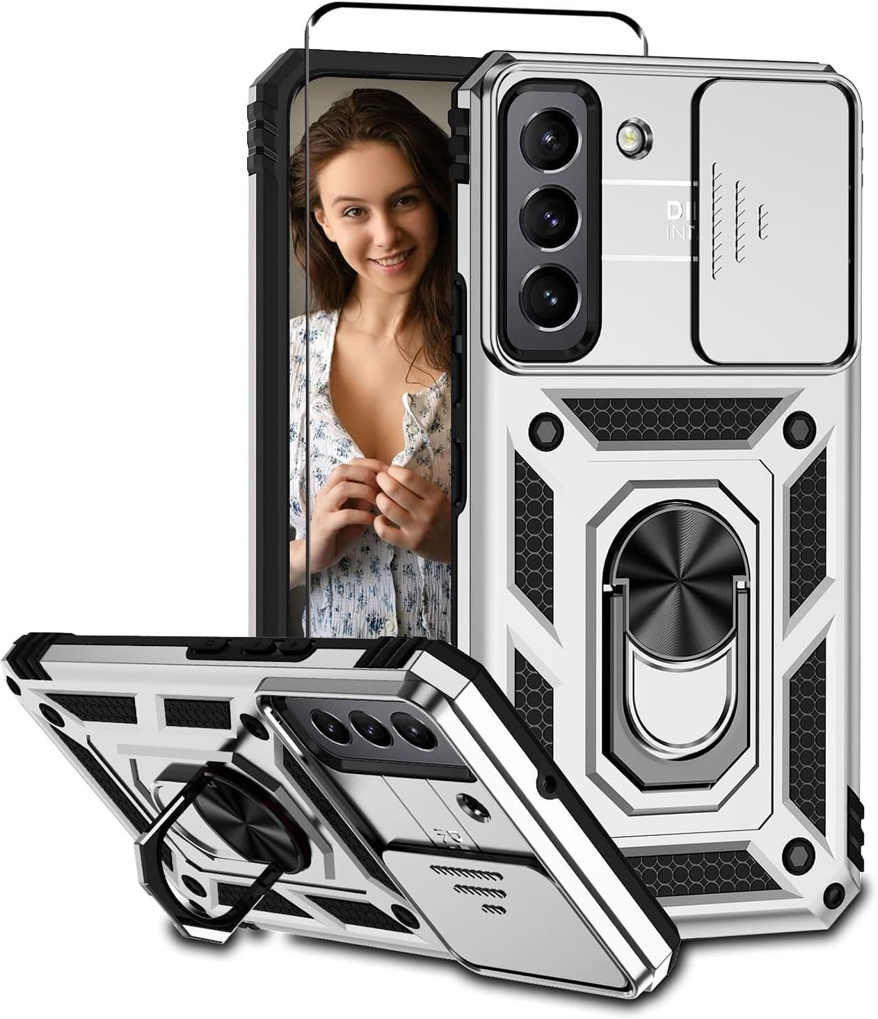 Compatible with Samsung Galaxy S22 Case with Screen Protector and Slide Camera Cover Military Grade Shockproof Heavy Duty Kickstand Bumper Car Mount Full-Body Protective for Samsung S22 Case -Silver  LEZYWONE   