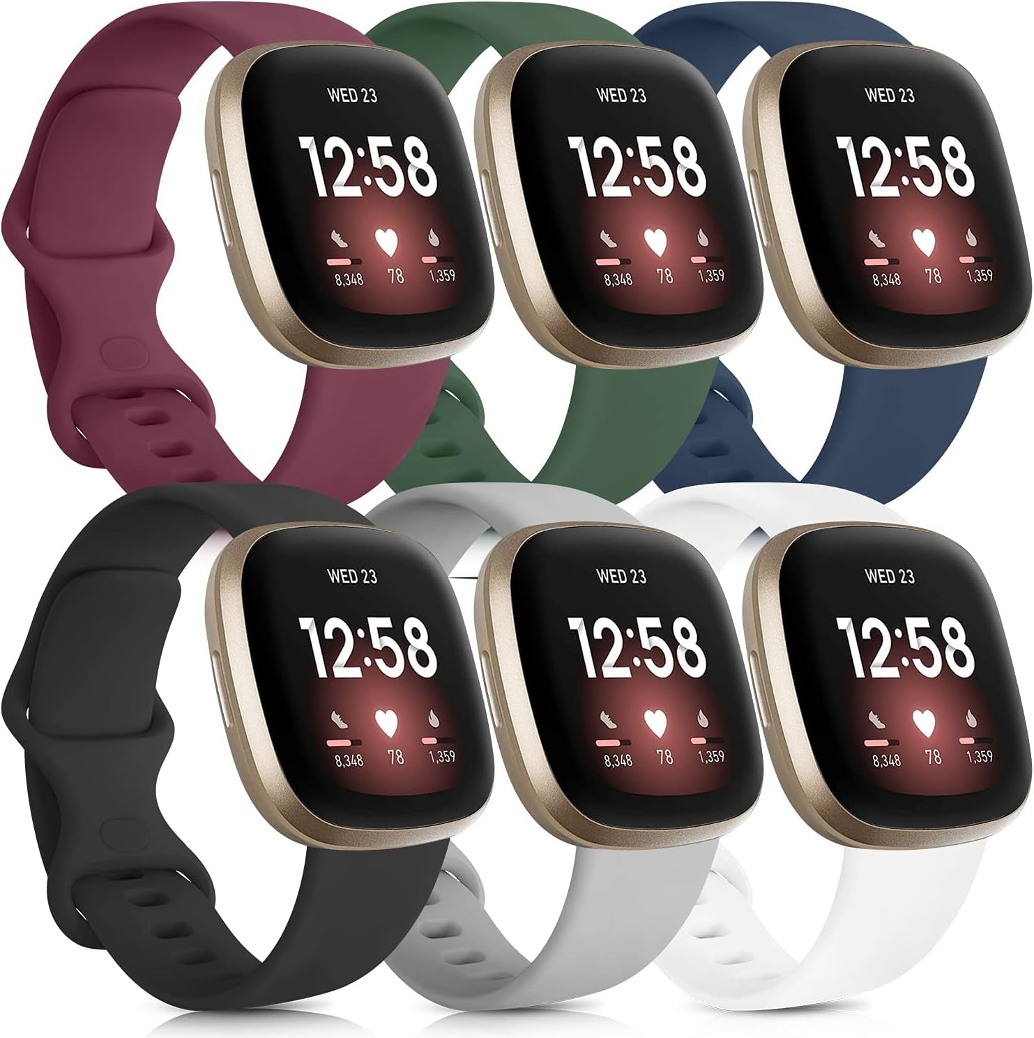 6 Pack Sport Bands Compatible with Fitbit Versa 3 Bands/Fitbit Sense Bands, Classic Soft Silicone Replacement Wristbands for Fitbit Versa 3 Smart Watch Women Men (Small, 6 Pack E)  Mugust #C Wine red/Olive Green/Blue/Black/Gray/White Small 