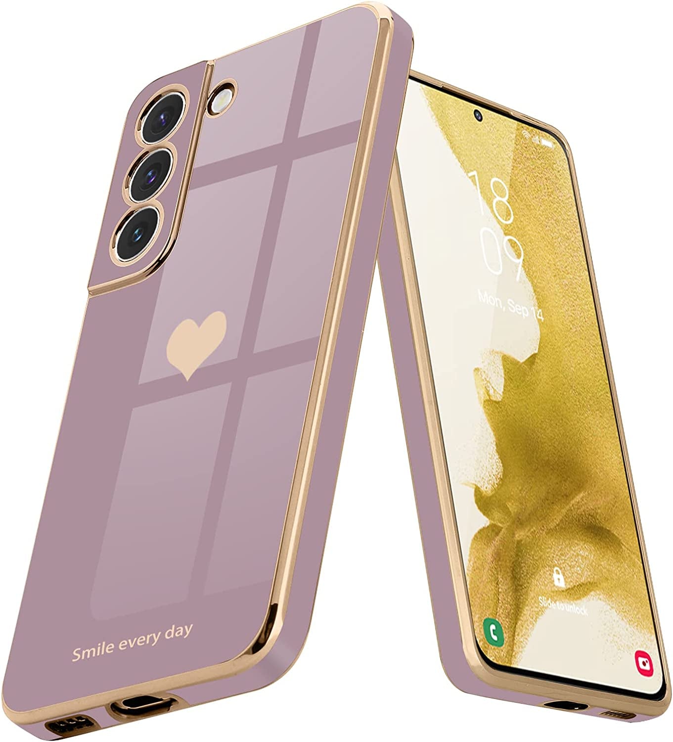 Teageo for Samsung Galaxy S22 5G Case for Women Girl Cute Love-Heart Luxury Bling Soft Back Cover Raised Full Camera Protection Bumper Silicone Shockproof Phone Case for Galaxy S22 5G, Bright Blush  janzee Lavender Samsung Galaxy S22 5G 