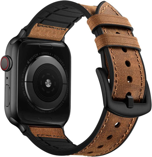OUHENG Compatible with Apple Watch Band 49Mm 45Mm 44Mm 42Mm, Sweatproof Genuine Leather and Rubber Hybrid Band Strap for Iwatch Ultra Series 8 7 6 5 4 3 2 1 SE2 SE, Brown Band with Black Adapter  OUHENG   