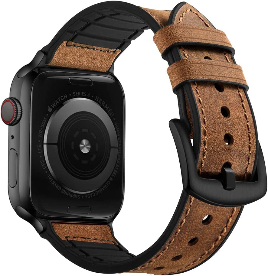 OUHENG Compatible with Apple Watch Band 49Mm 45Mm 44Mm 42Mm, Sweatproof Genuine Leather and Rubber Hybrid Band Strap for Iwatch Ultra Series 8 7 6 5 4 3 2 1 SE2 SE, Brown Band with Black Adapter  OUHENG   